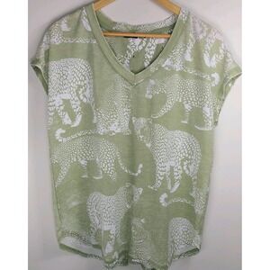 Jane + Delancey Green White Leopard Print V-Neck Button Back Women's Top Size M
